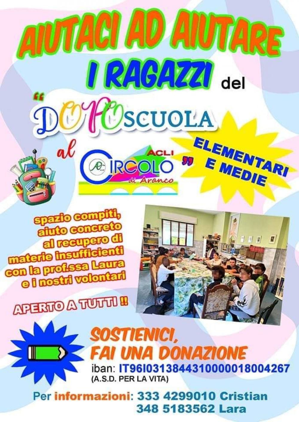 Aiutaci ad aiutare i ragazzi del Doposcuola - Circolo Acli di Aranco (VC)