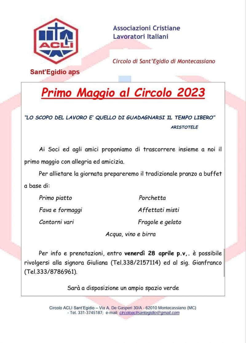 Primo Maggio al Circolo 2023 - Circolo Acli Sant&#039;Egidio (MC)