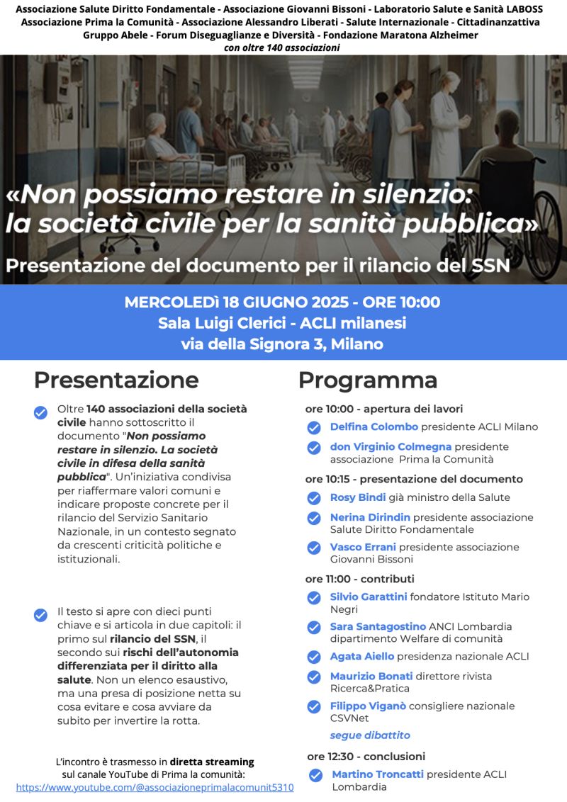 Non possiamo stare in silenzio: la società civile per la sanità publica - Milano - Acli Milanesi (MI)