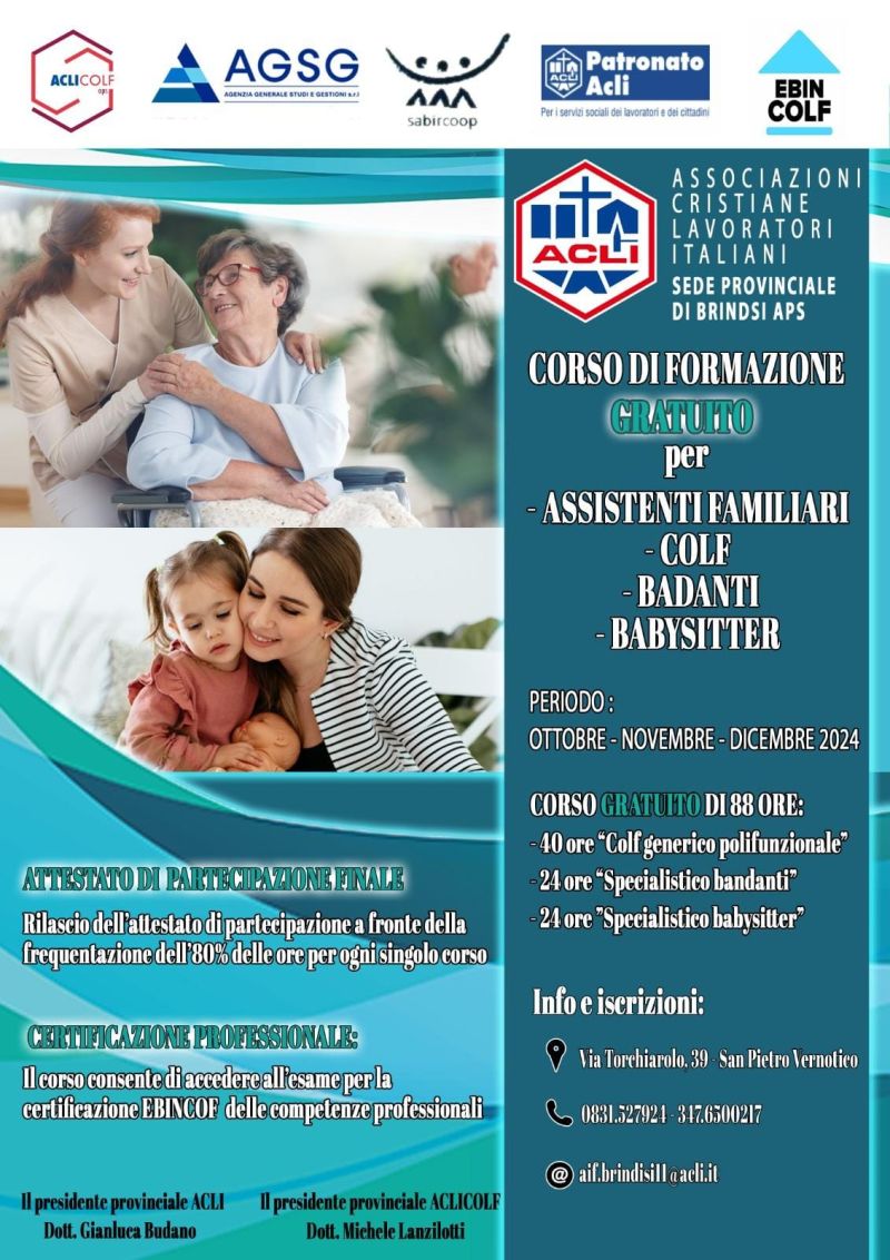 Corso di formazione gratuito per assistenti familiari - Acli Brindisi e Circolo Acli San Pietro Vernotico (BR)