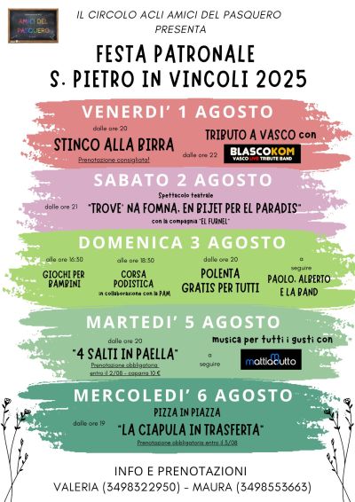 Festa Patronale S. Pietro In Vincoli 2025 - Rocca de' Baldi (CN) - Circolo Acli Amici Del Pasquero (CN)