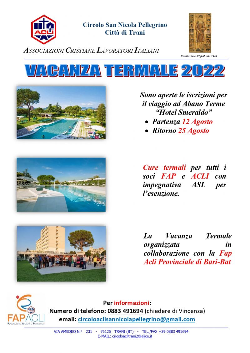 Vacanza termale 2022 - Circolo Acli San Nicola Pellegrino Trani (BA)