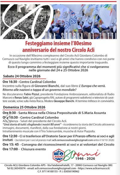 FESTEGGIAMO INSIEME L'80ESIMO ANNIVERSARIO DEL NOSTRO CIRCOLO ACLI - PROGRAMMA - CIRCOLO ACLI CERNUSCO SUL NAVIGLIO (MI) - CERNUSCO SUL NAVIGLIO (MI)