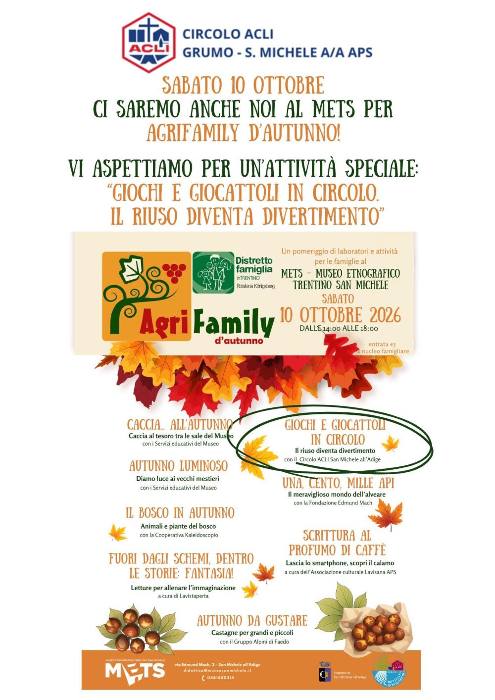 GIOCHI E GIOCATTOLI IN CIRCOLO - IL RIUSO DIVENTA DIVERTIMENTO - METS PER AGRIFAMILY D'AUTUNNO - SAN MICHELE ALL'ADIGE (TN) - CIRCOLO ACLI GRUMO SAN MICHELE (TN)