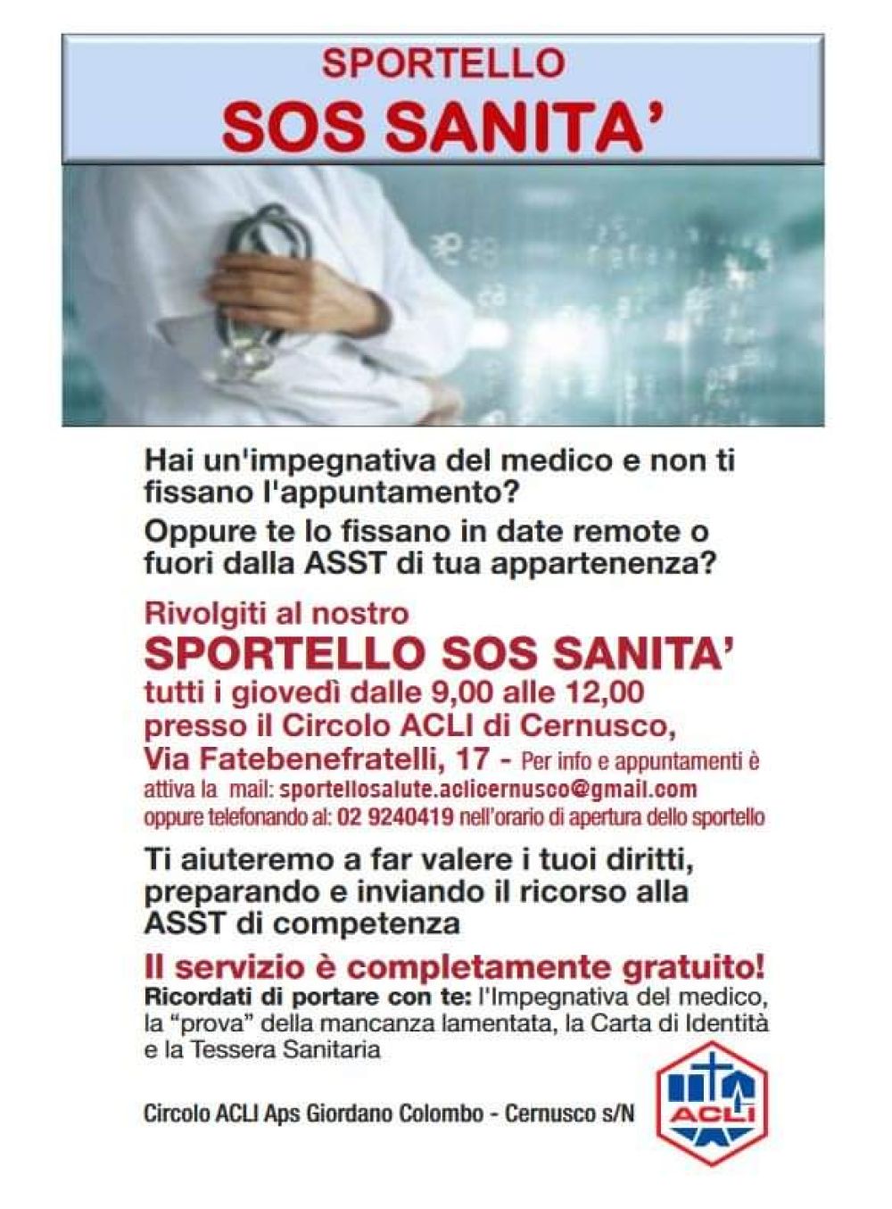 Sportello SOS Sanità - Circolo Acli Cernusco sul Naviglio (MI)