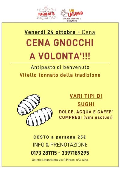 Cena Gnocchi a Volontà - Alba (CN) - Ass. Osteria Sociale Magna Neta aff. Acli Cuneo (CN)
