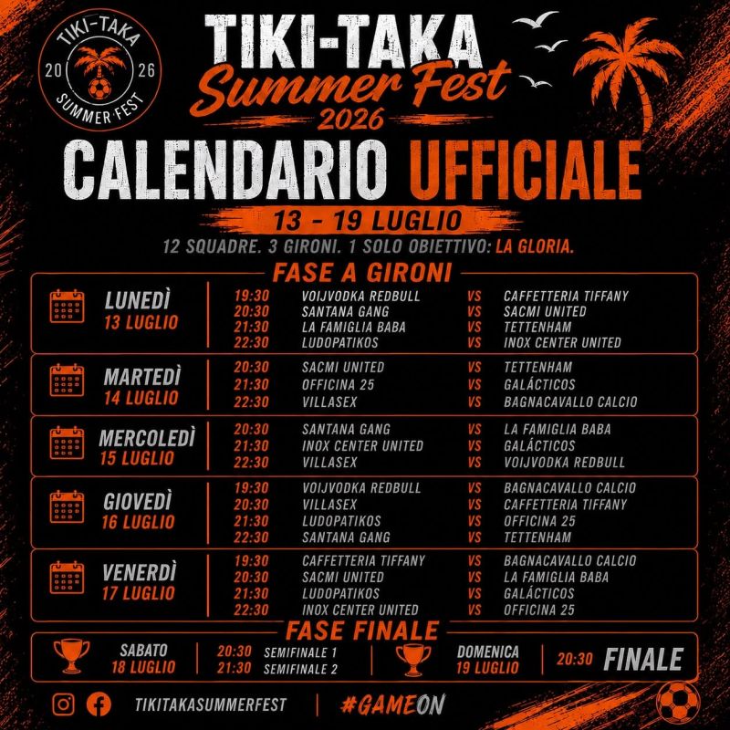 TIKI-TAKA SUMMER FEST 2026 - CALENDARIO UFFICIALE - ACLI RAVENNA - RAVENNA