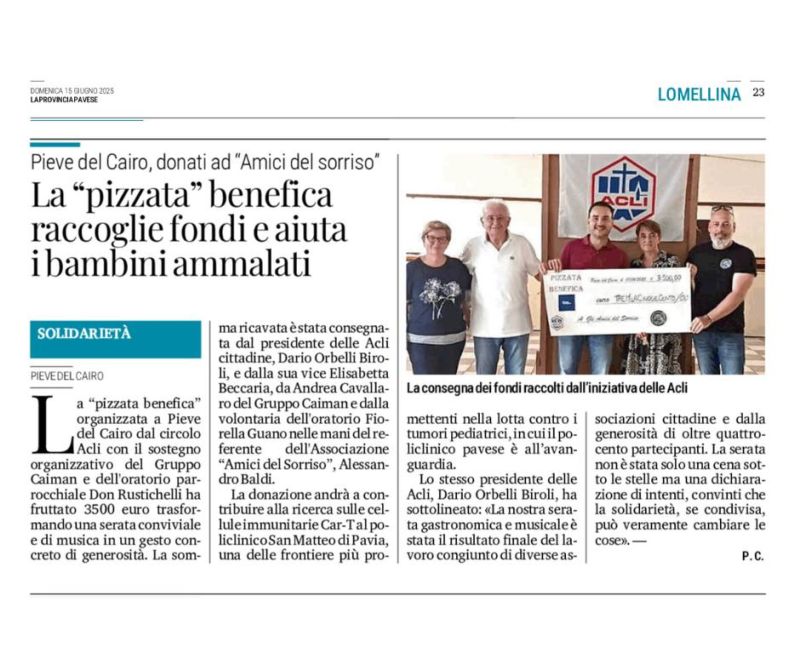 La "pizzata" benefica raccoglie fondi e aiuta i bambini ammalati - Pieve del Cairo (PV) - Circolo Acli Pieve del Cairo e Acli Pavia (PV)