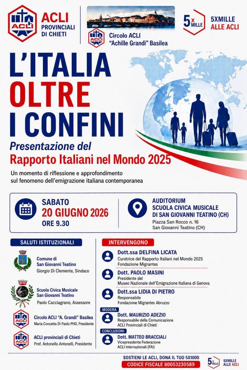 L'ITALIA OLTRE I CONFINI - PRESENTAZIONE DEL RAPPORTO ITALIANI NEL MONDO 2025 - ACLI PROVINCIALI CHIETI - CIRCOLO ACLI ACHILLE GRANDI BASILEA (SVIZZERA) - SAN GIOVANNI TENTINO (CH)