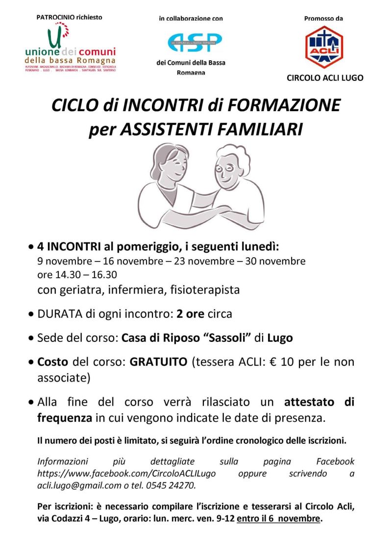 CICLO DI INCONTRI DI FORMAZIONE PER ASSISTENTI FAMILIARI - ATTESTATO A FINE CORSO - LUGO (RA) - CIRCOLO ACLI LUGO (RA)