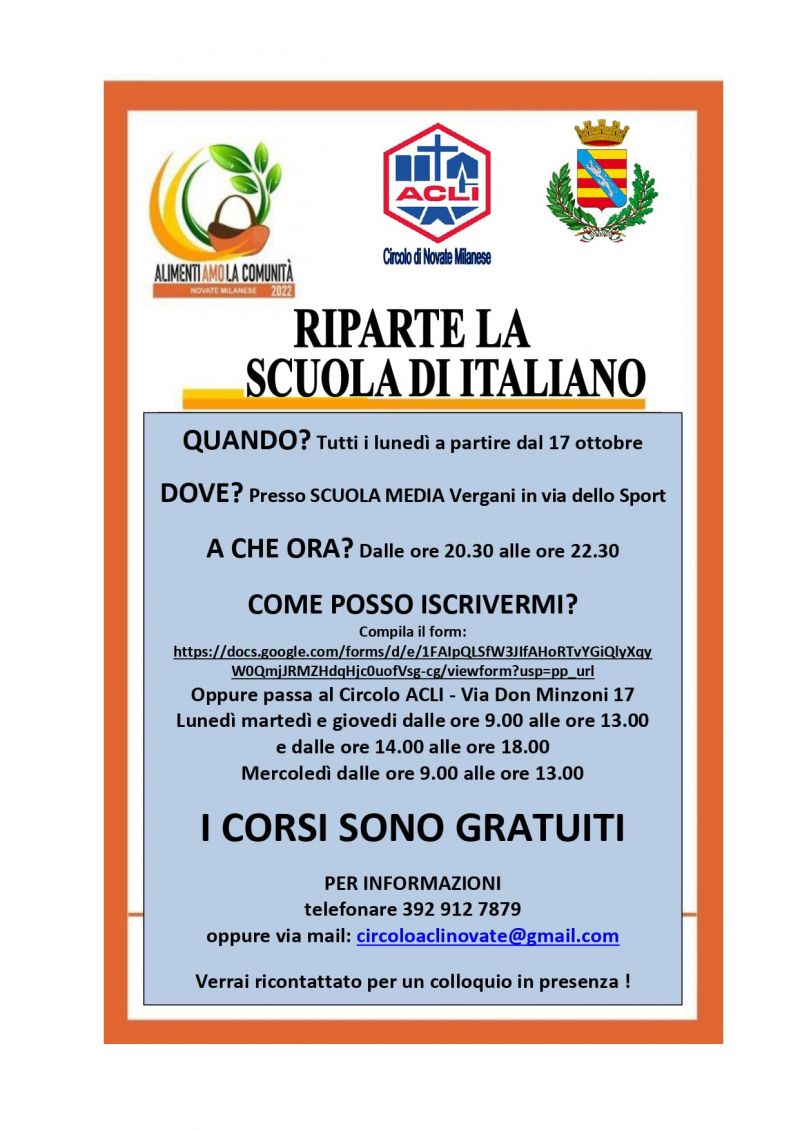Riparte la scuola di italiano - Circolo Acli Novate Milanese (MI)
