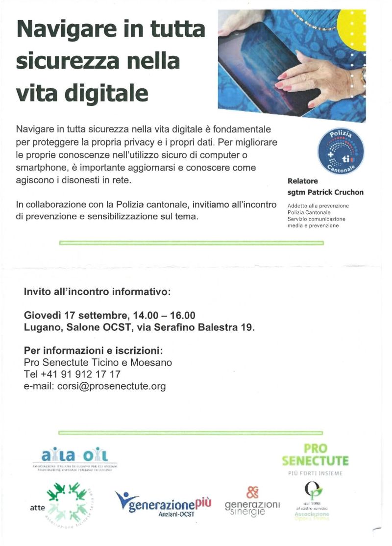 NAVIGARE IN TUTTA SICUREZZA NELLA VITA DIGITALE - INCONTRO DI PREVENZIONE E SENSIBILIZZAZIONE SUL TEMA - LUGANO - CIRCOLO ACLI LUGANO