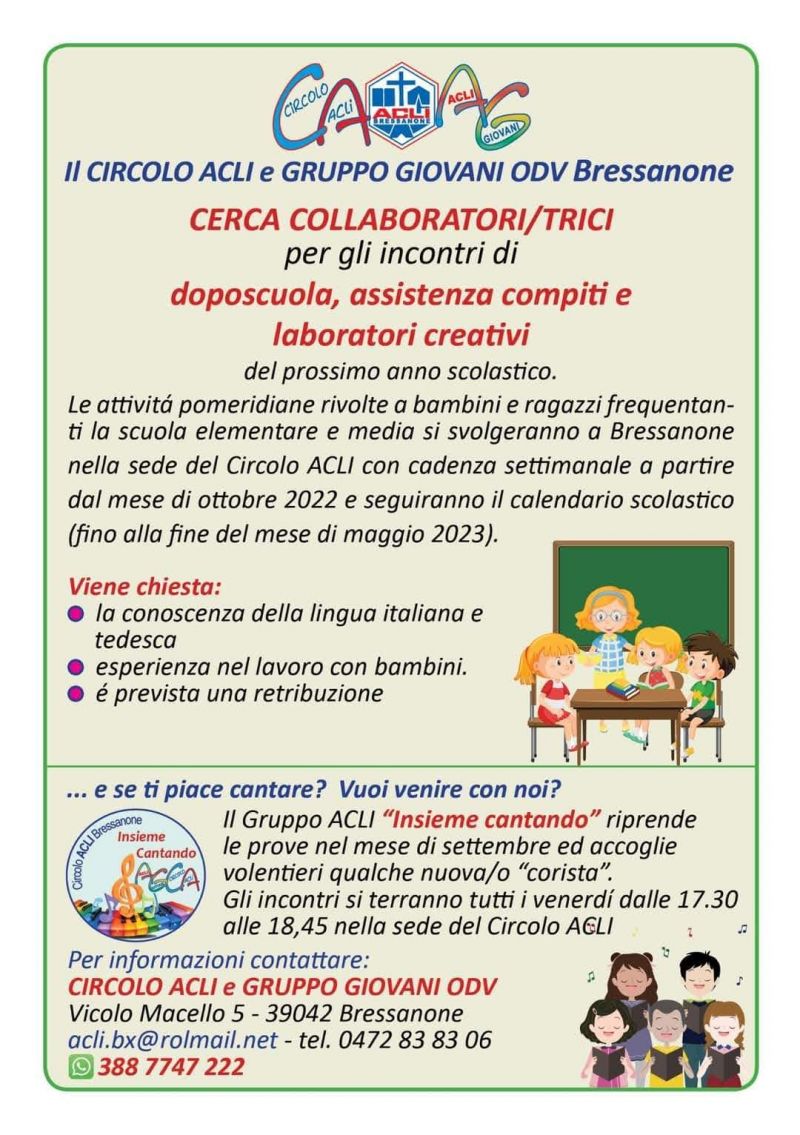 Circolo Acli Bressanone (BZ) cerca collaboratori/trici