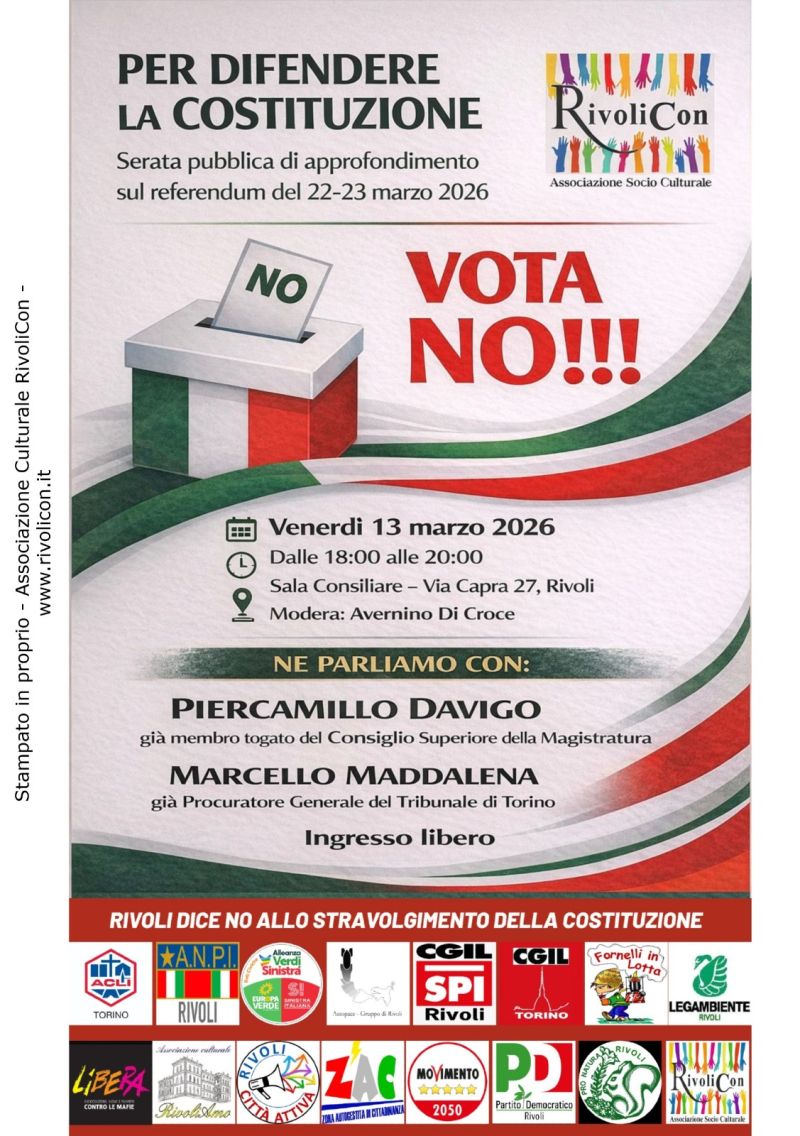 PER DIFENDERE LA COSTITUZIONE - SERATA PUBBLICA DI APPROFONDIMENTO - RIVOLI (TO)