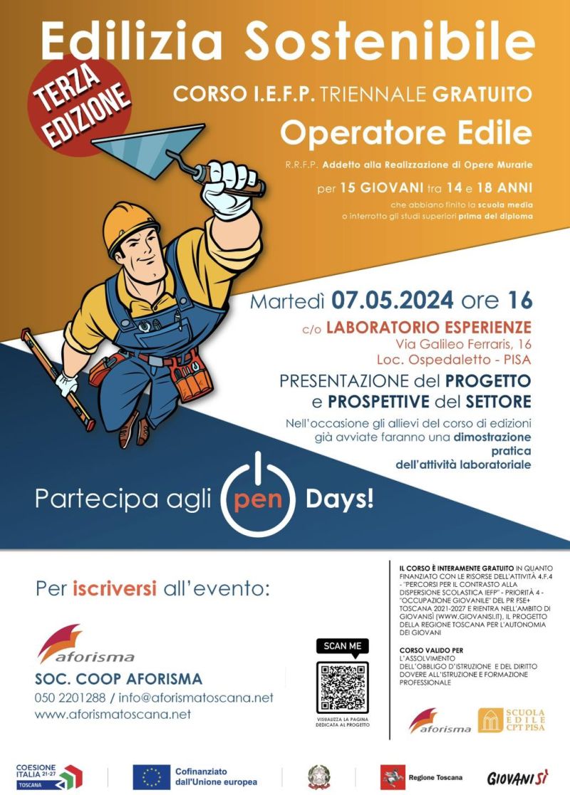 OPENDAY "Corso I.E.F.P. Triennale gratuito: Operatore Edile" - Acli Pisa e Lucca