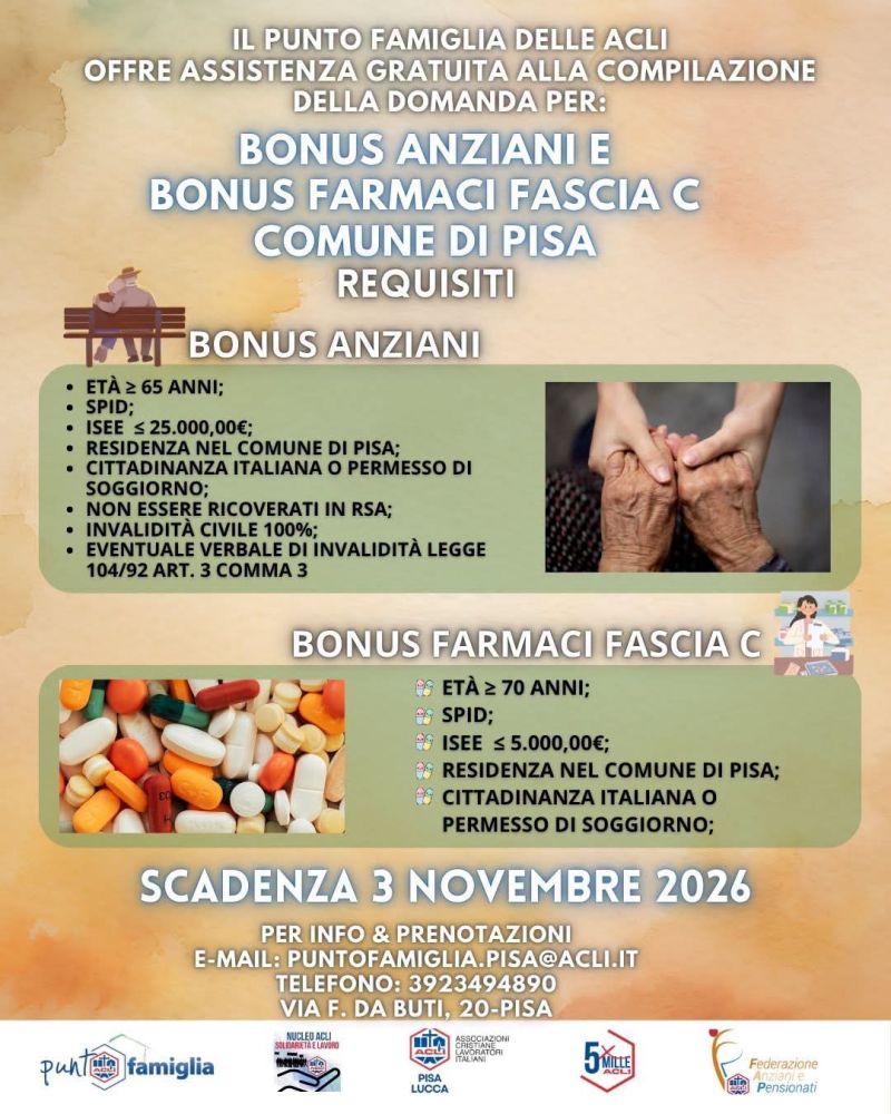 ASSISTENZA GRATUITA PER COMPILAZIONE DI DOMANDA PER BONUS ANZIANI E BONUS FARMACI FASCIA C - PISA (PI) - PUNTO FAMIGLIA ACLI PISA (PI) - ACLI PISA E LUCCA (PI) - NUCLEO ACLI SOLIDARIETÀ E LAVORO (PI)