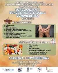 ASSISTENZA GRATUITA PER COMPILAZIONE DI DOMANDA PER BONUS ANZIANI E BONUS FARMACI FASCIA C - PISA (PI) - PUNTO FAMIGLIA ACLI PISA (PI) - ACLI PISA E LUCCA (PI) - NUCLEO ACLI SOLIDARIETÀ E LAVORO (PI)