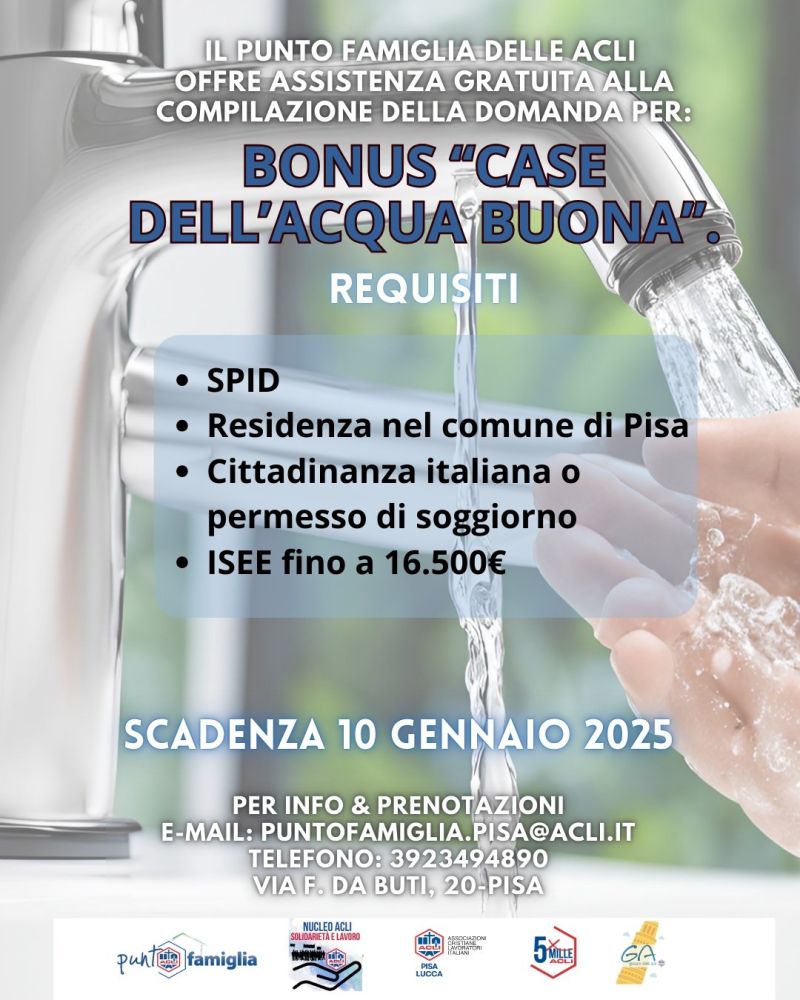 Assistenza gratuita alla compilazione della domanda per il bonus "Case dell'Acqua Buona" - Acli Pisa e Lucca (PI)