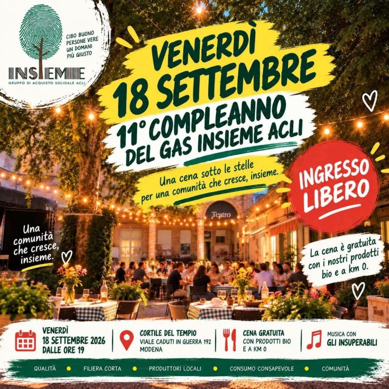 11° COMPLEANNO DEL GAS INSIEME ACLI - CENA SOTTO LE STELLE, PER UNA COMUNITÀ CHE CRESCE INSIEME - EVENTO GRATUITO